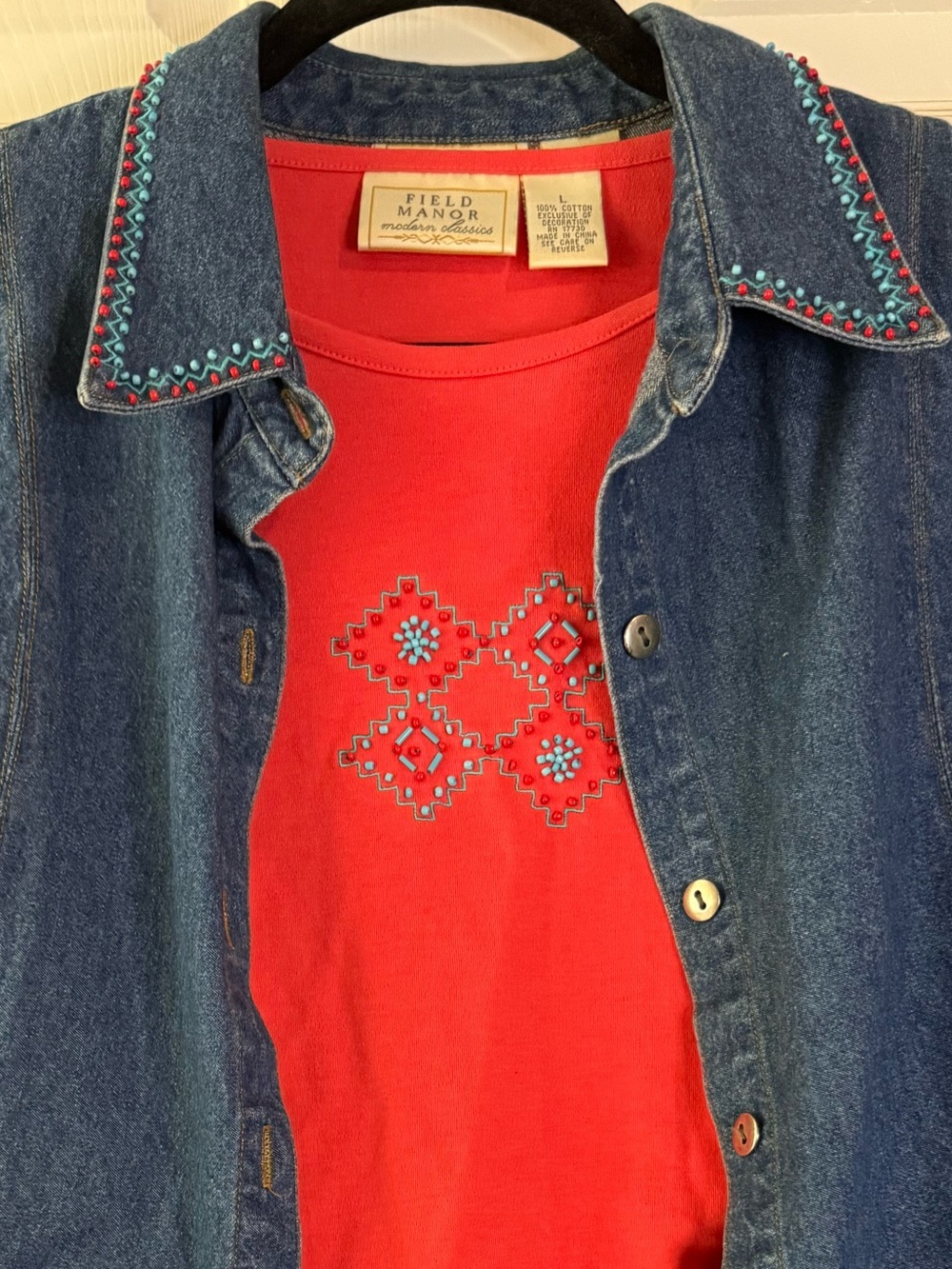 Vintage Vest & Tshirt Set Large Womans Denim Blue Jean Beaded Boho Country